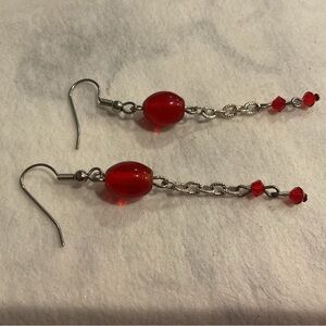 Red Bead Drop Earrings with Silver Chain